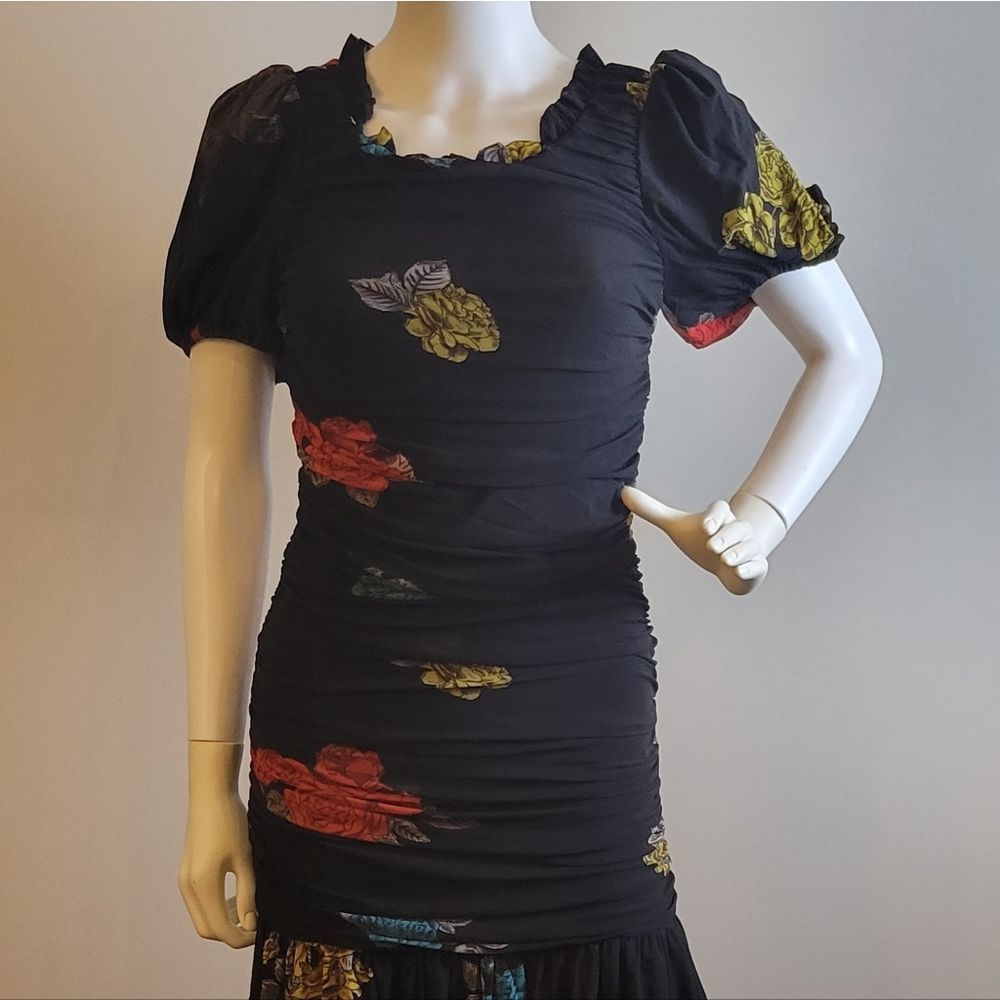 GANNI Ruched Floral print mesh jersey mini dress Size 38 GER - Picture 4 of 8